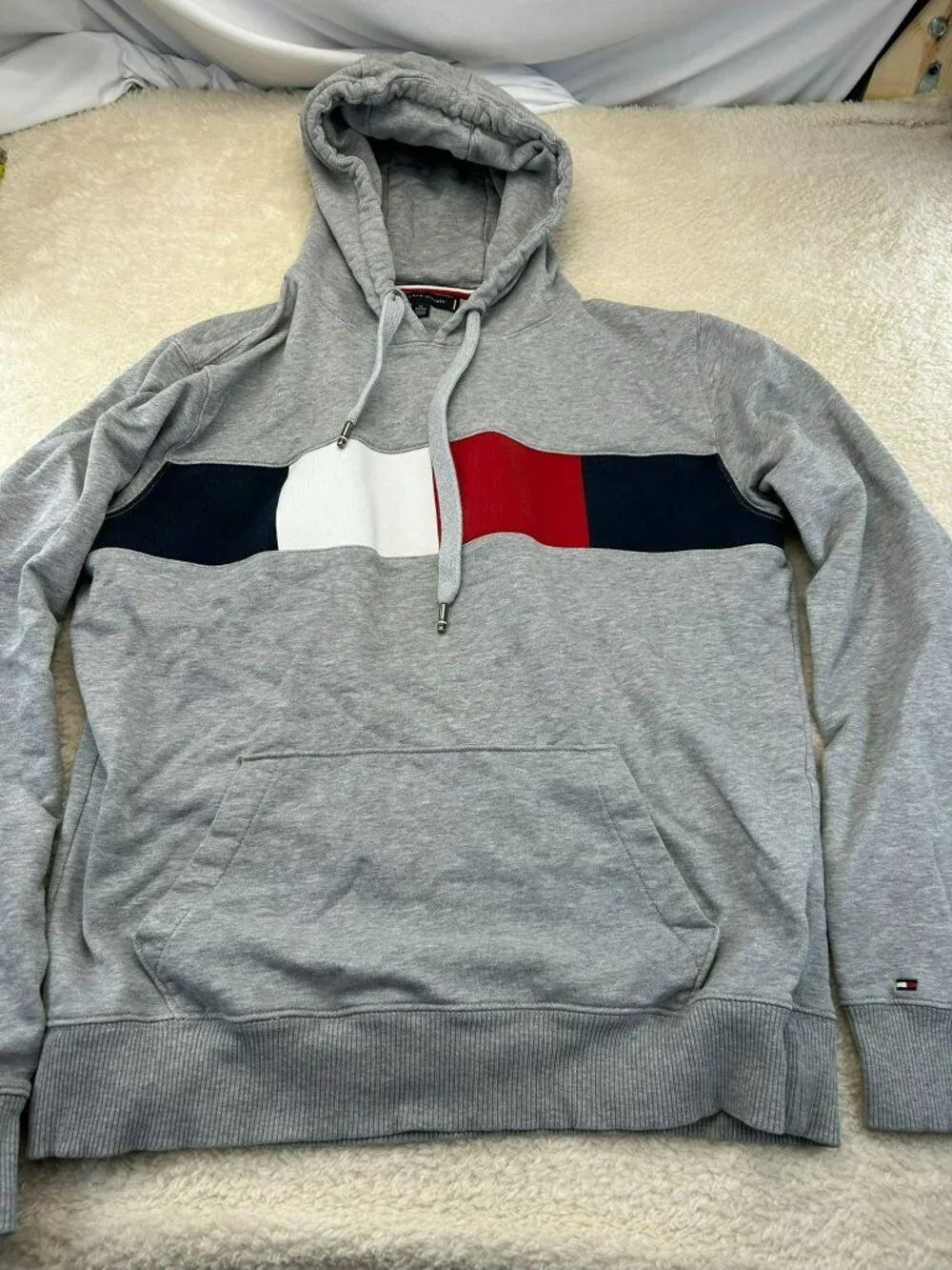 Tommy Hilfiger Mens Hoodie Gray XL Cotton Blend Logo Colorblock Pull-Over Ribbed - Picture 1 of 6